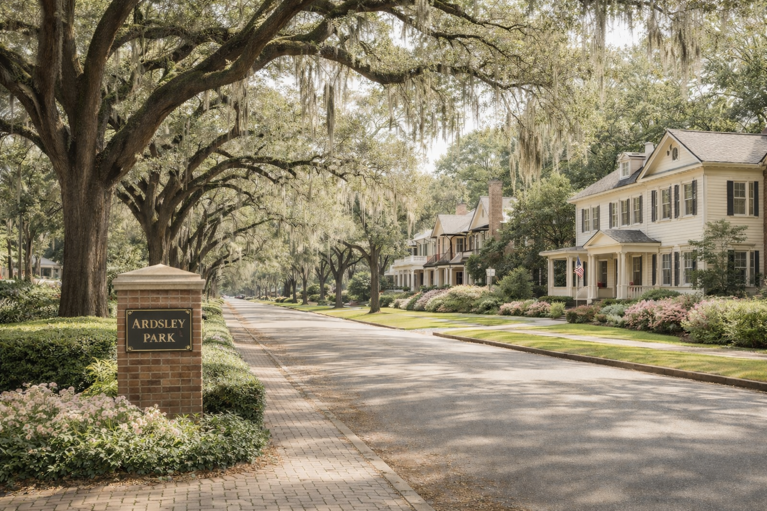 Tree-lined street in Ardsley Park Savannah GA with historic homes and live oak trees draped in Spanish moss