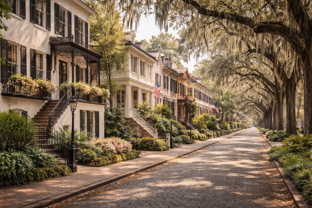 Tree-lined street in Savannah Historic District with historic townhomes and Spanish moss