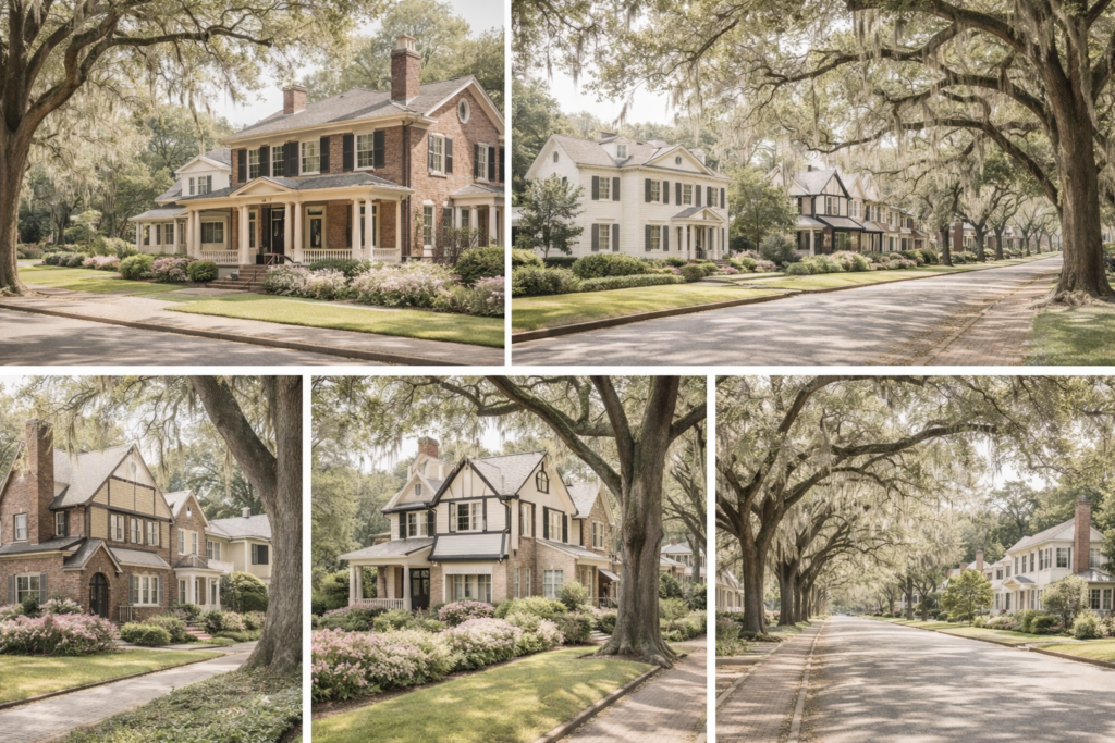 Historic Tudor and Colonial homes along a quiet street in Ardsley Park Savannah GA under live oak trees with Spanish moss