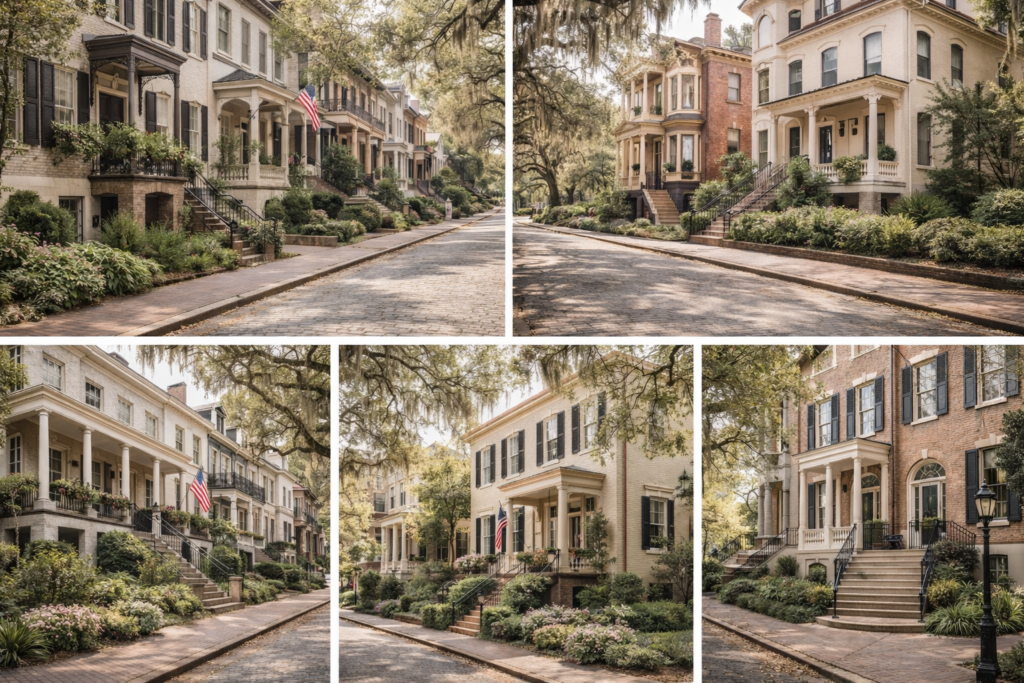 Historic homes and streets in Savannah Historic District featuring townhomes, cobblestone streets, and Spanish moss-covered oak trees