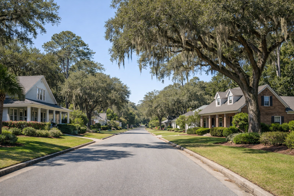 Quiet residential street on Wilmington Island in Savannah, GA, lined with mature oak trees and well-kept coastal homes under midday light