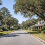 Quiet residential street on Wilmington Island in Savannah, GA, lined with mature oak trees and well-kept coastal homes under midday light